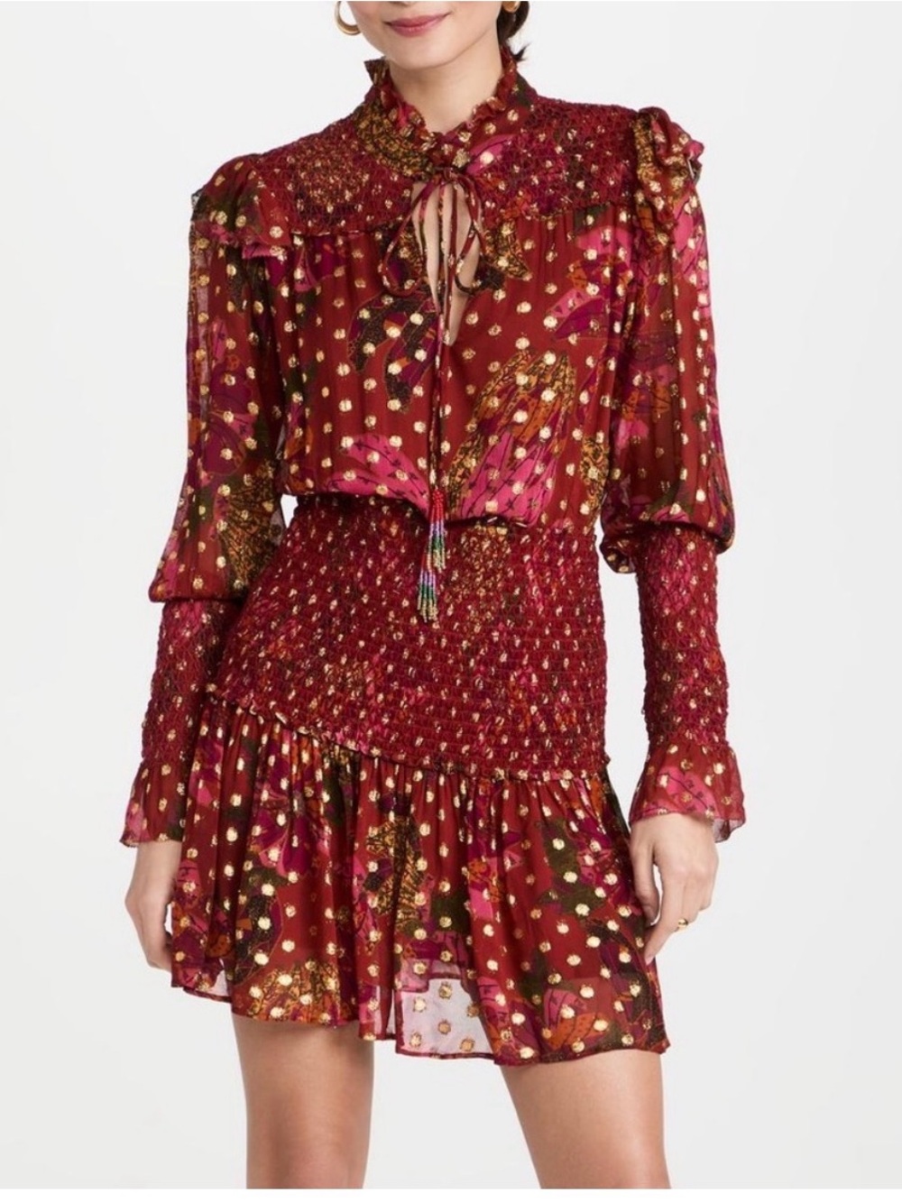 FARM Rio Burgundy Floral Gold Dot Smocked Mini Dress VERY GOOD condition